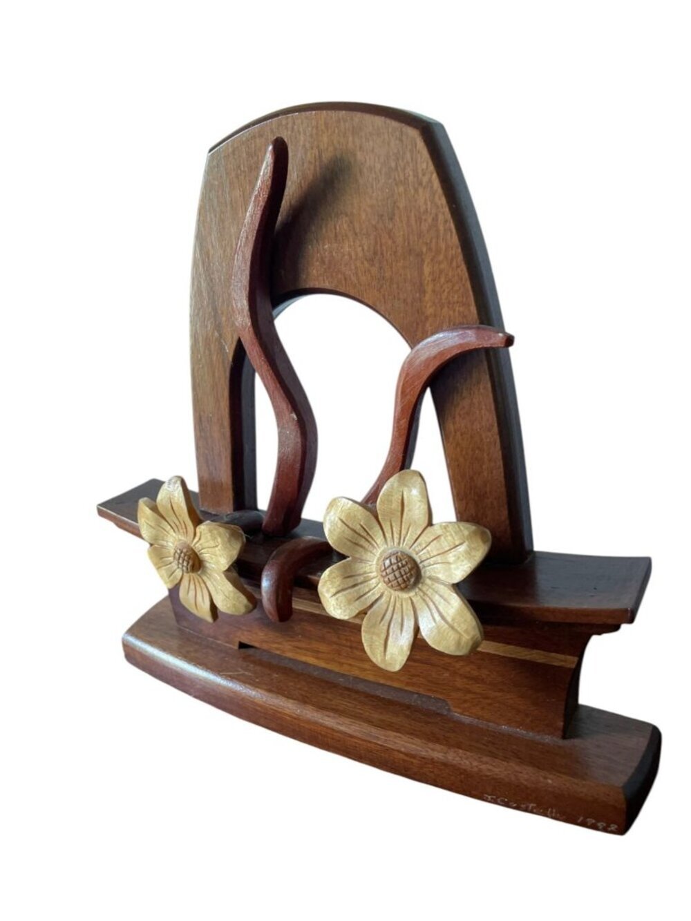 90's Hand Carved Wood Sculpture Art Piece Floral Intarsia Artisan - Picture 3 of 11